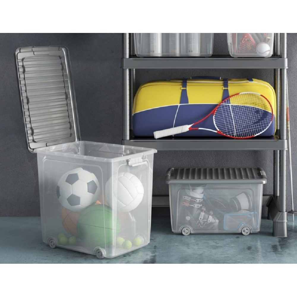 Mehrzweck Aufbewahrungsbehälter HAWK mit grauem Deckel und Rädern | HxBxT 17x79x39cm | 35 Liter | Transparent | Behälter, Box, Aufbewahrungsbehälter, Aufbewahrungsbox