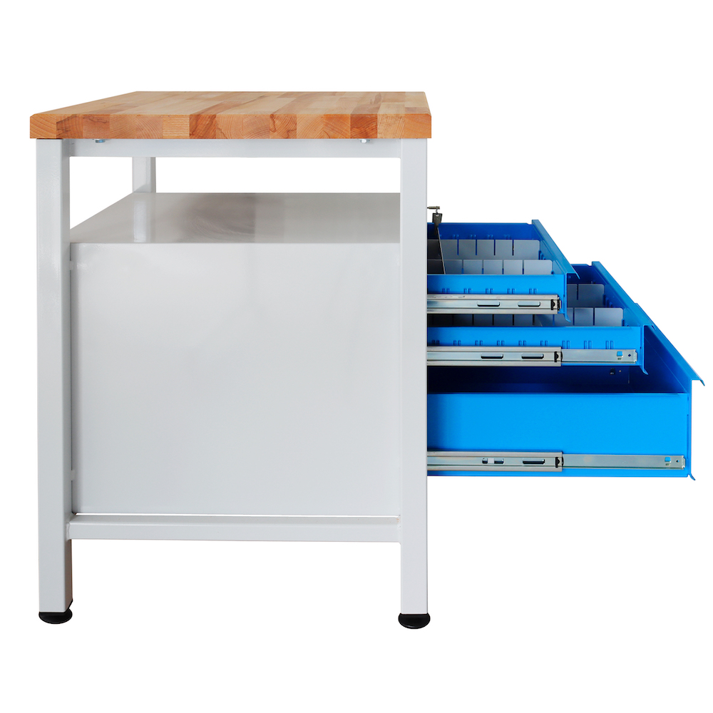 Werkbank Slim Rhino mit Ablagefläche + 3 Schubladen | HxBxT 84x60x60cm | Traglast 300kg | Lichtgrau/Lichtblau