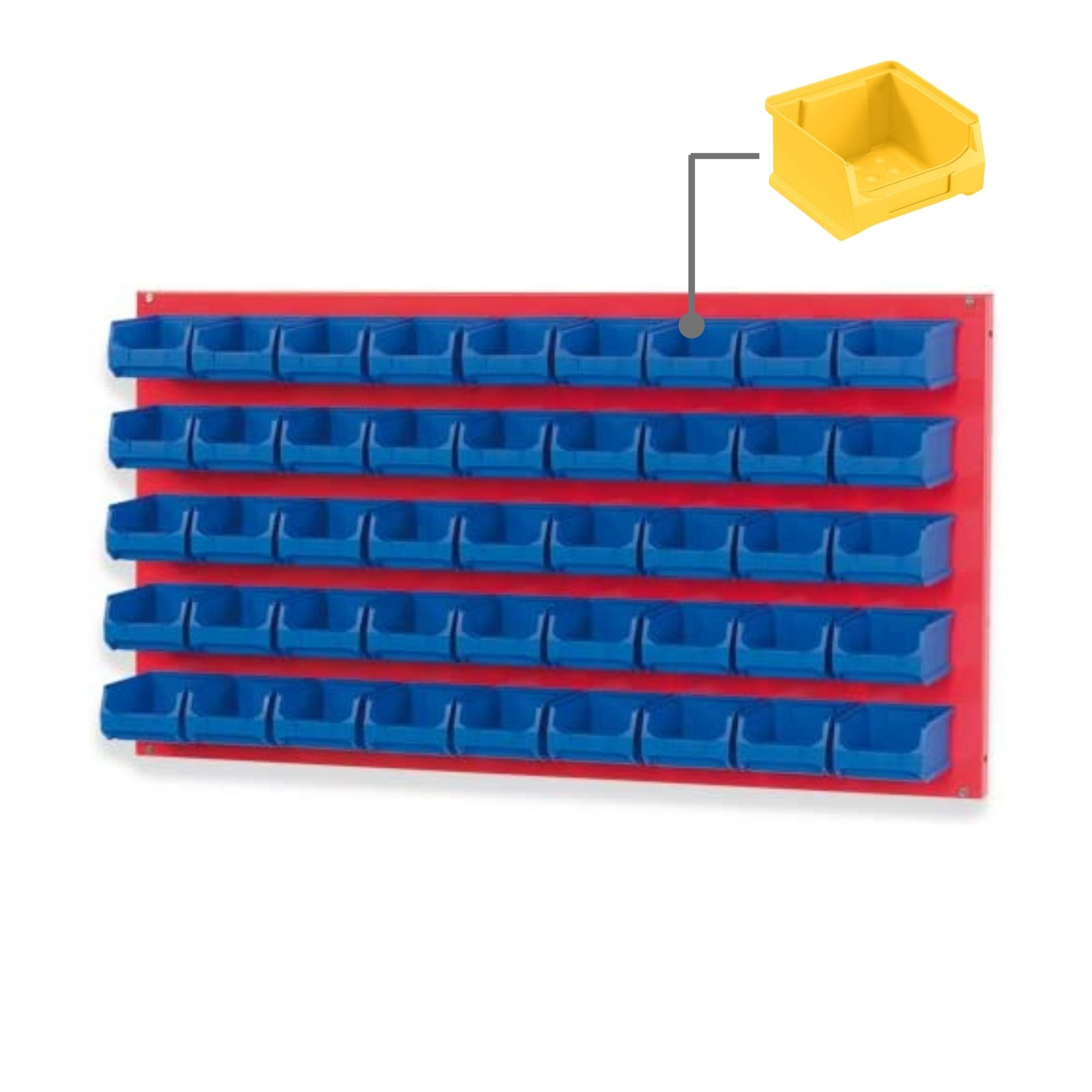 Trägersystem Rote Systemplatte mit 45x gelben Sichtlagerboxen 1.0 | Maße HxB 50x100cm | Sichtlagerbox, Sichtlagerbehälter, Sichtlagerkasten