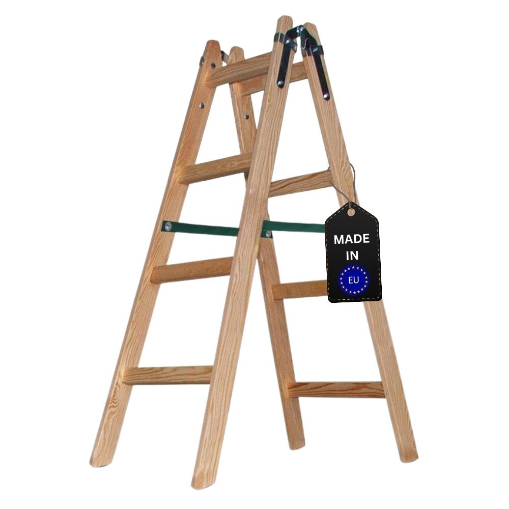 Sprossen-Stehleiter aus Holz ECONOMY PLUS | beidseitig begehbar | 2x4 Sprossen | Arbeitshöhe 2,70m | Traglast 150kg