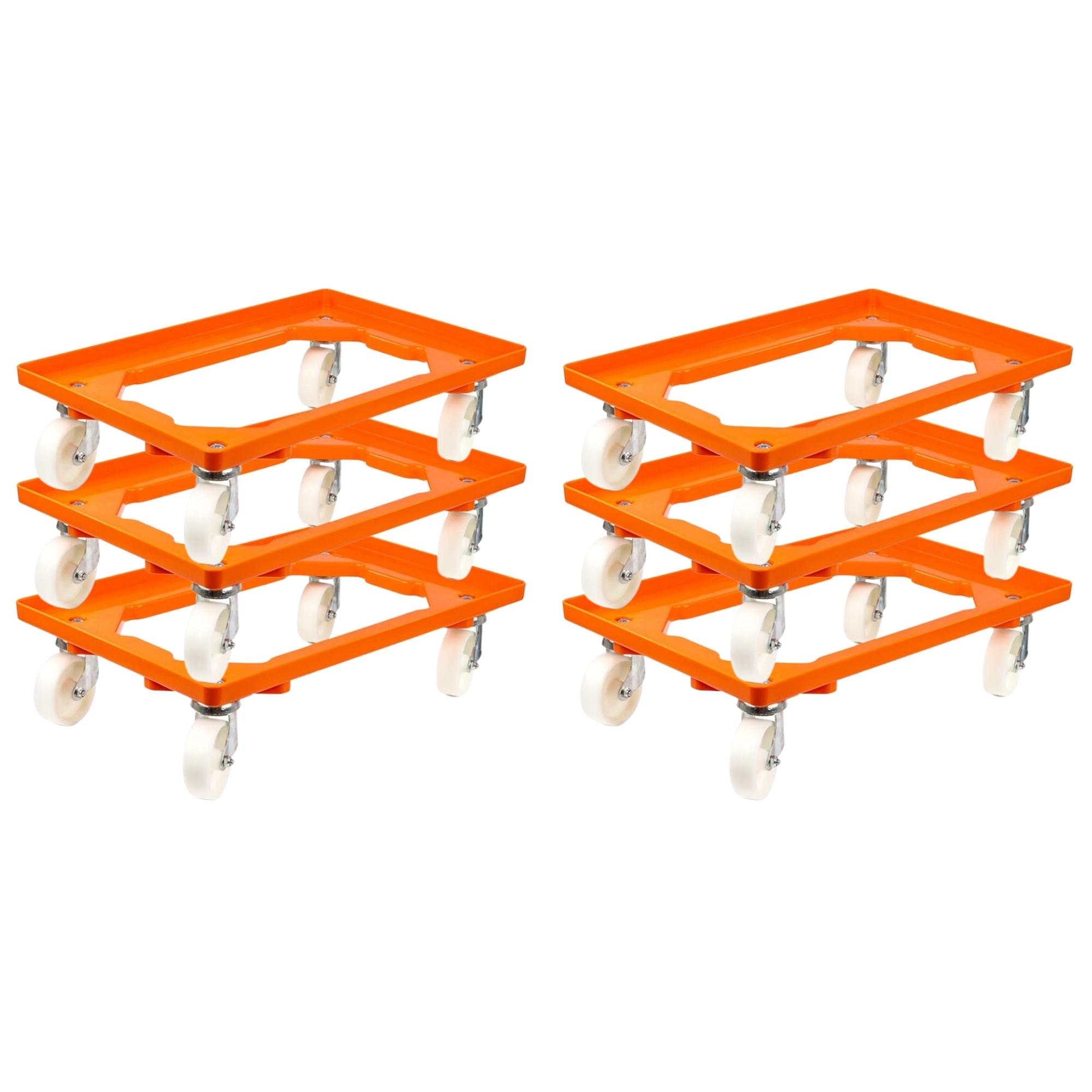 SparSet 6x Transportroller für Euroboxen 60x40cm mit Kunststoffräder orange | Offenes Deck | 2 Lenkrollen & 2 Bockrollen | Traglast 300kg | Kistenroller Logistikroller Rollwagen Profi-Fahrgestell