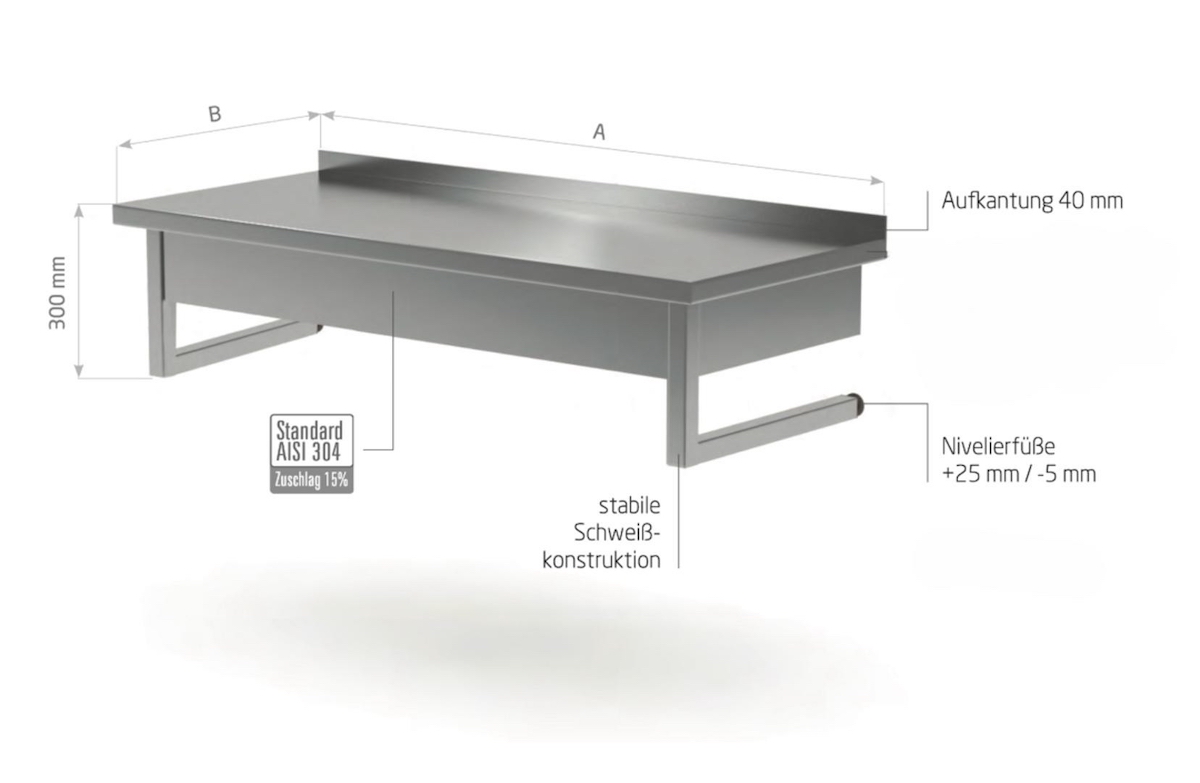 Edelstahl Gastro-Arbeitstisch mit Wandaufhängung | AISI 430 Qualität | HxBxT 30x40x60cm