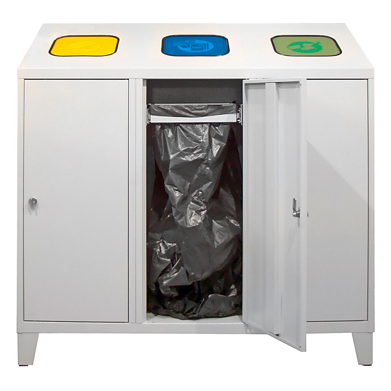 Recycling-Abfallsammler mit Abfallsackhalterung Trio | HxBxT 122x120x45cm | 3x 120 Liter | Lichtgrau