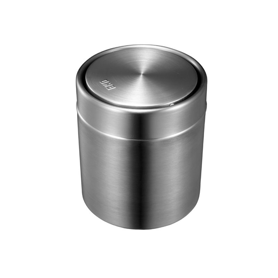 Schön geformter Tischabfallbehälter mit Flachschwingdeckel | 1,5 Liter, HxØ 13,8x12cm | Edelstahl / Silber