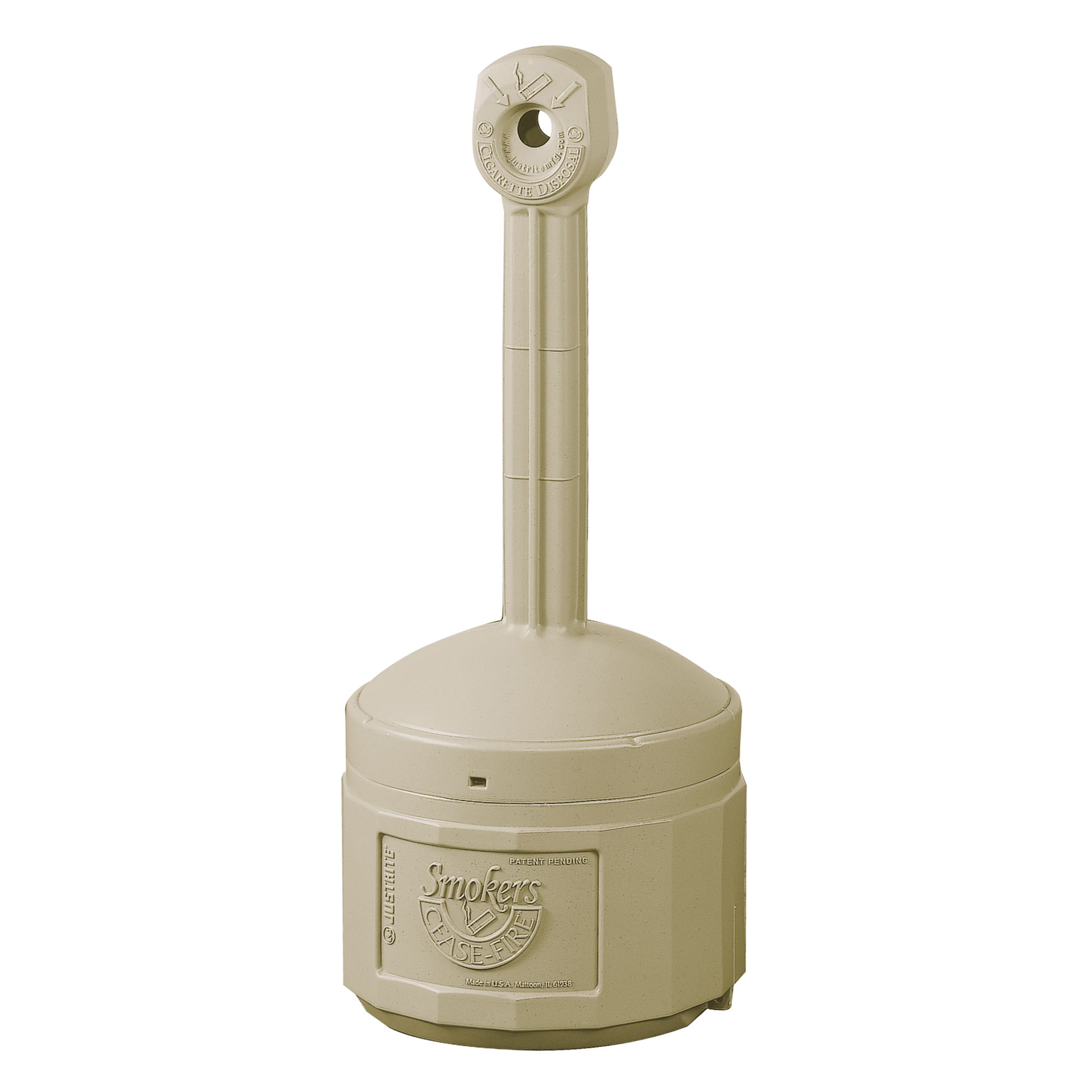 Justrite Sicherheits-Standascher aus Kunststoff Original Smoker Cease Fire® | 15 Liter Innenbehälter, selbstlöschend | HxB 98x42cm | Beige