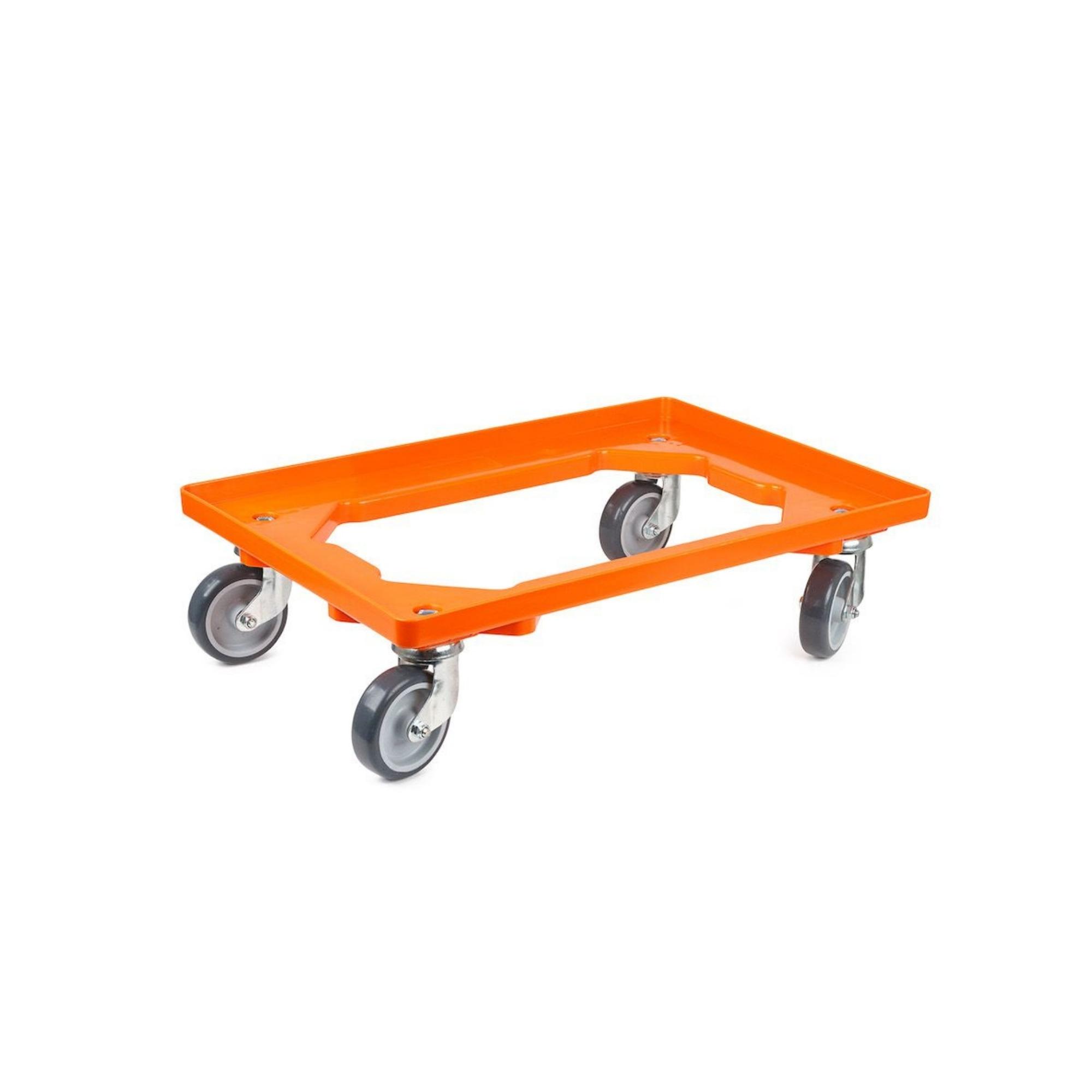SparSet 10x Transportroller für Euroboxen 60x40cm mit Gummiräder orange | Offenes Deck | 2 Lenkrollen & 2 Bremsrollen | Traglast 300kg | Kistenroller Logistikroller Rollwagen Profi-Fahrgestell