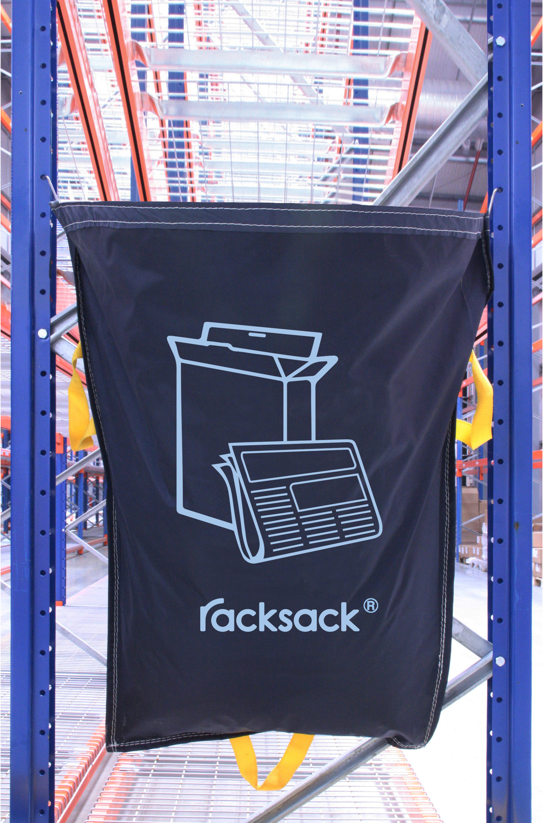 SuperSparSet 20x RACKSACK Müllsack zur effizienten Befestigung an Regal-Stirnseiten inkl. Griffe | Rahmenbreite 90-110cm | Papier/Pappe-Symbol