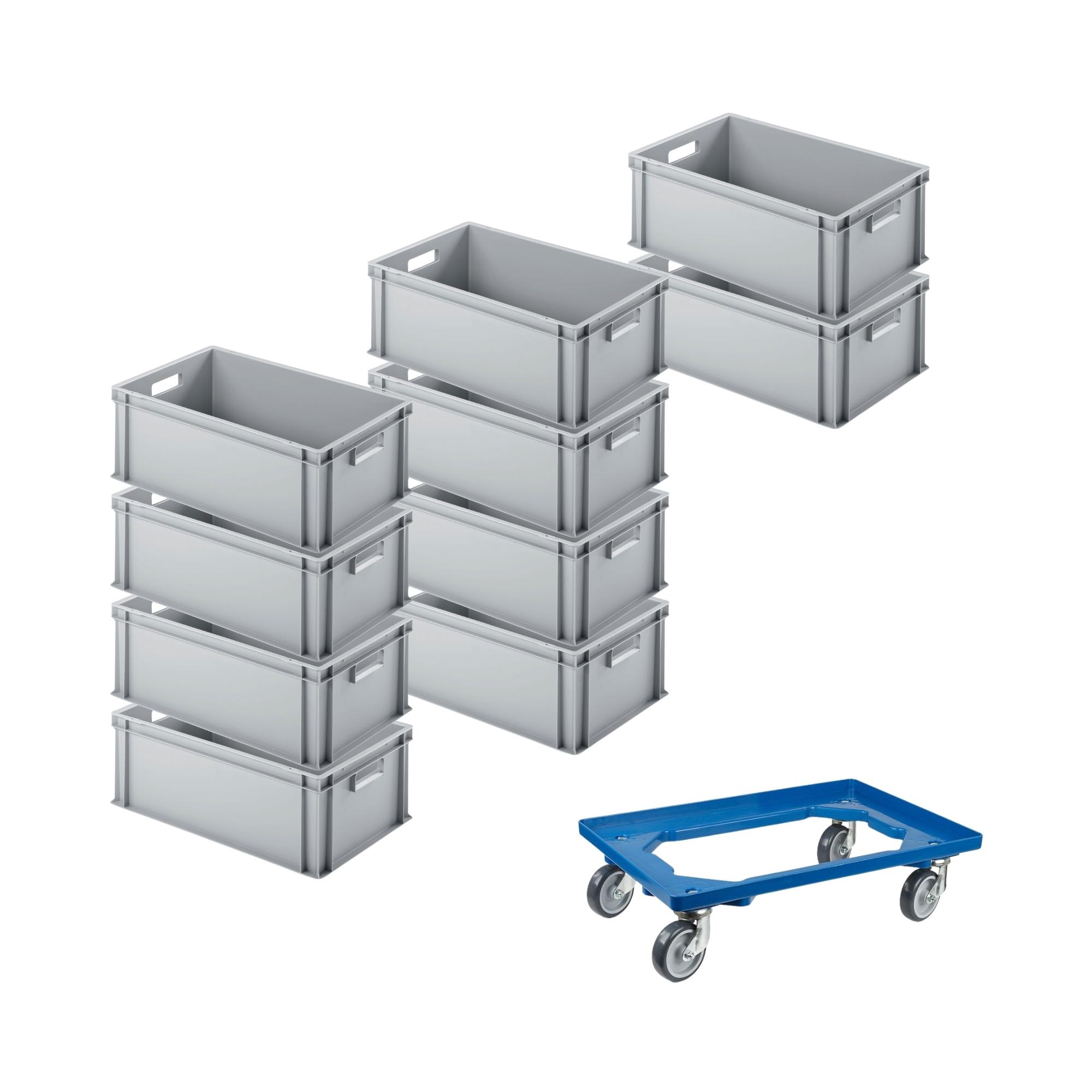 SparSet 10x Eurobehälter mit offenem Griff & 1x Transportroller Blau | HxBxT 22x40x60cm | 38 Liter | Eurobox, Transportbox, Transportbehälter, Stapelbehälter