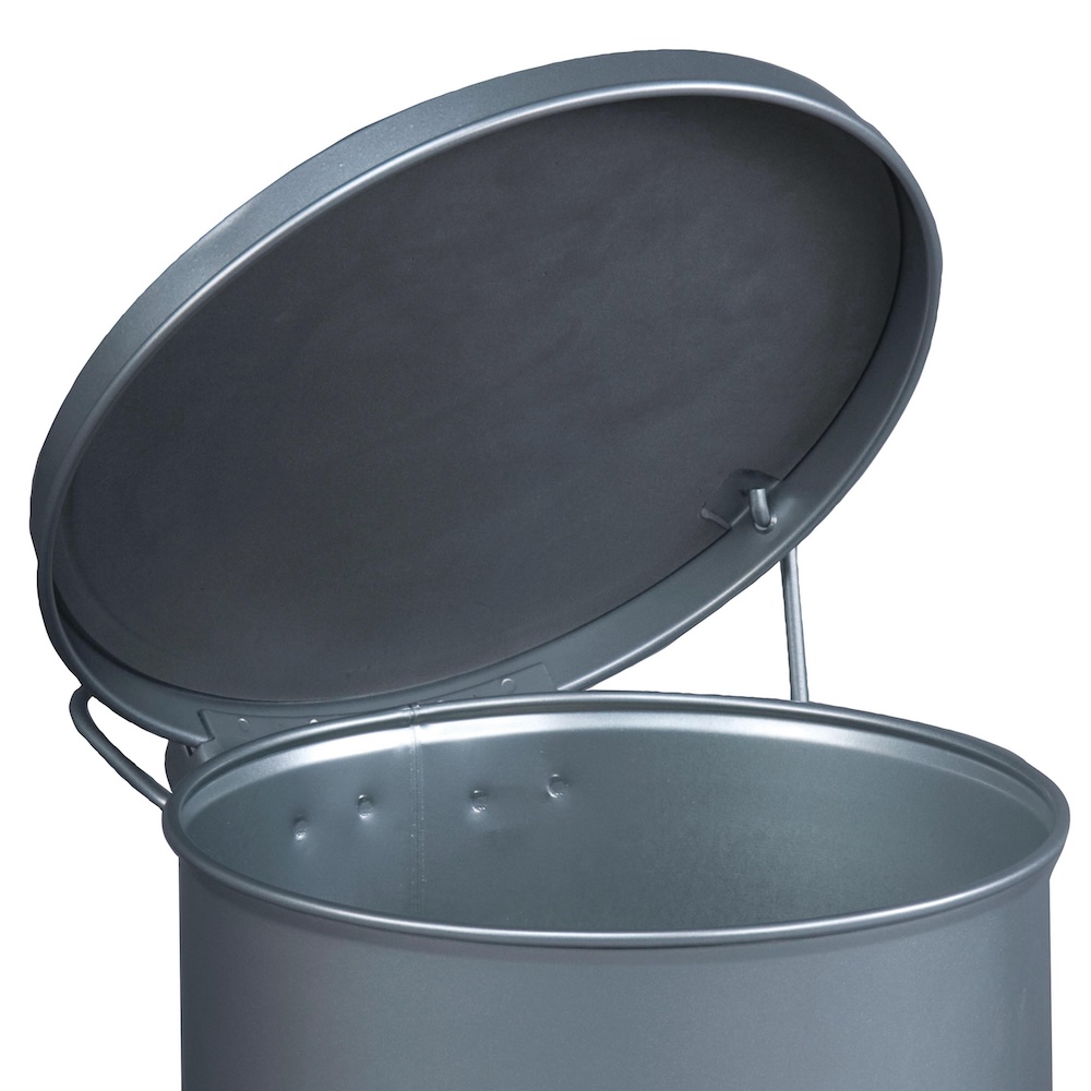 Justrite Sicherheits Öl-Entsorgungsbehälter aus Stahl mit Pedalöffnung & Geräuschunterdrückung | 38 Liter | Verzinkter Stahl | Silber