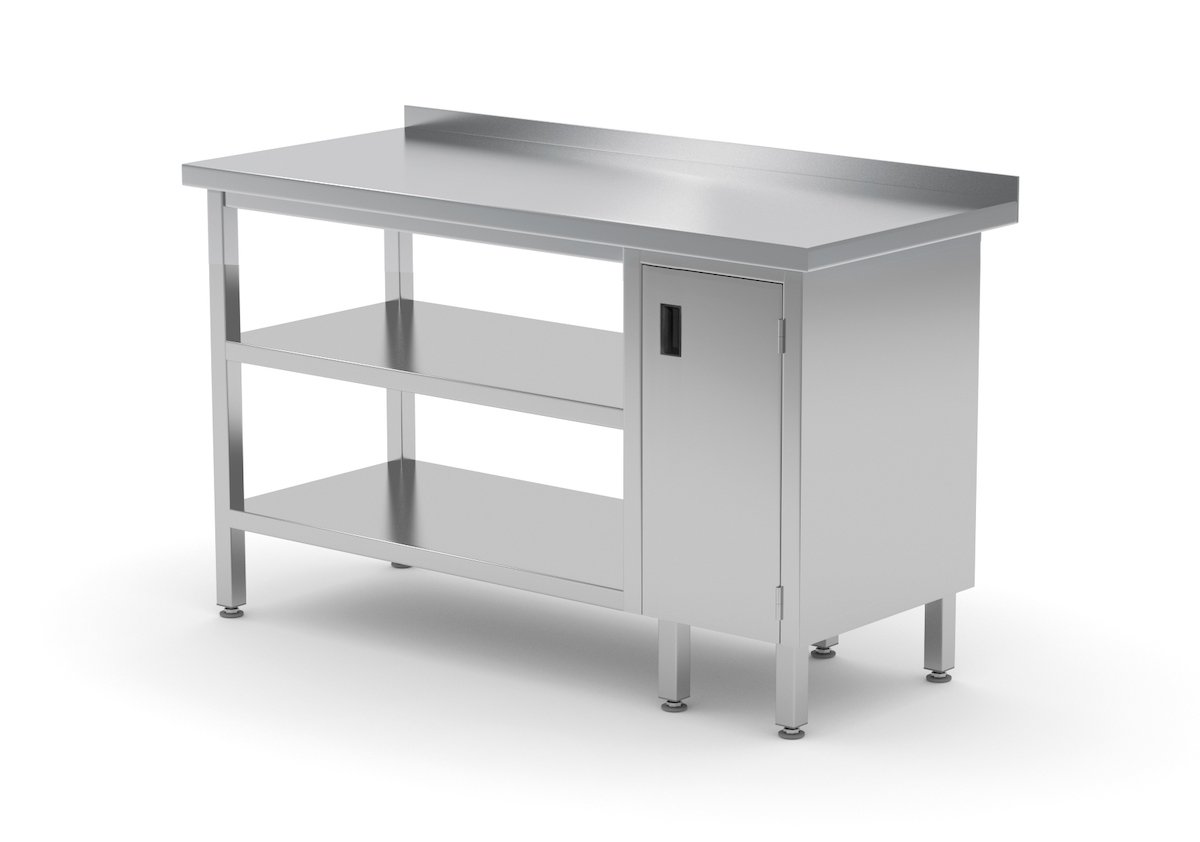 Edelstahl Gastro-Arbeitstisch mit Klapptür rechts sowie Grund- und Zwischenboden und Aufkantung | AISI 430 Qualität | HxBxT 85x190x60cm