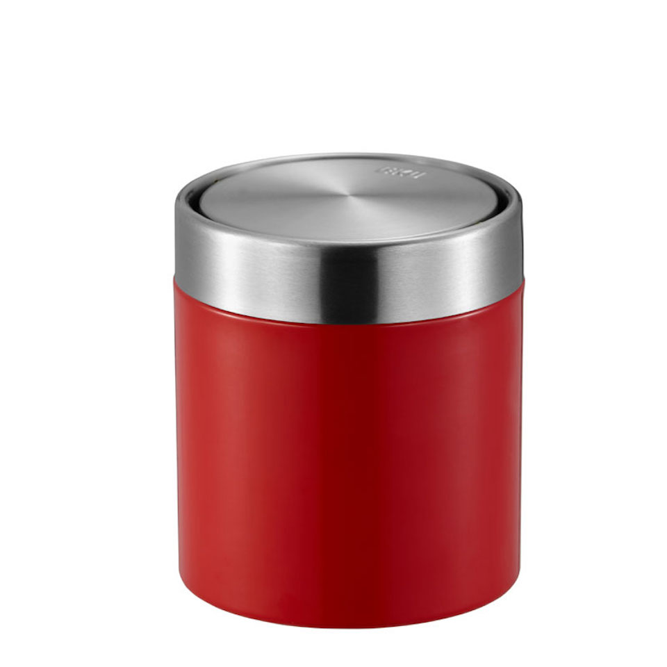 Schön geformter Tischabfallbehälter mit Flachschwingdeckel | 1,5 Liter, HxØ 13,8x12cm | Edelstahl / Rot