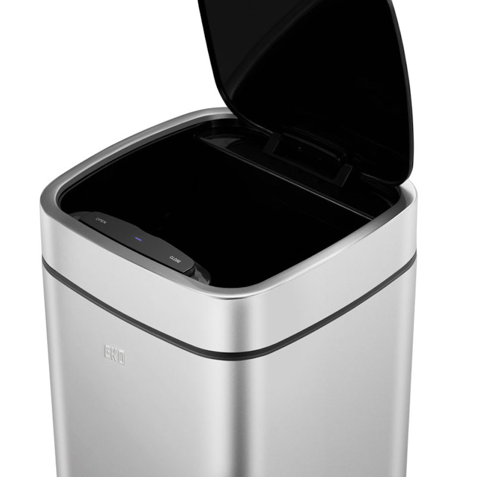 Stilvoller Abfallbehälter aus mattem Edelstahl mit Sensor & Touch-Bedienfeld | 12 Liter, HxBxT 43x24x24,2cm | Silber, Deckel Schwarz