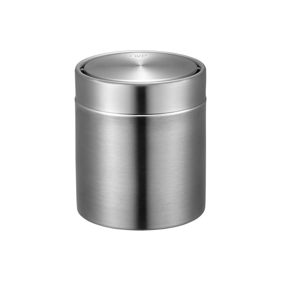 Schön geformter Tischabfallbehälter mit Flachschwingdeckel | 1,5 Liter, HxØ 13,8x12cm | Edelstahl / Silber