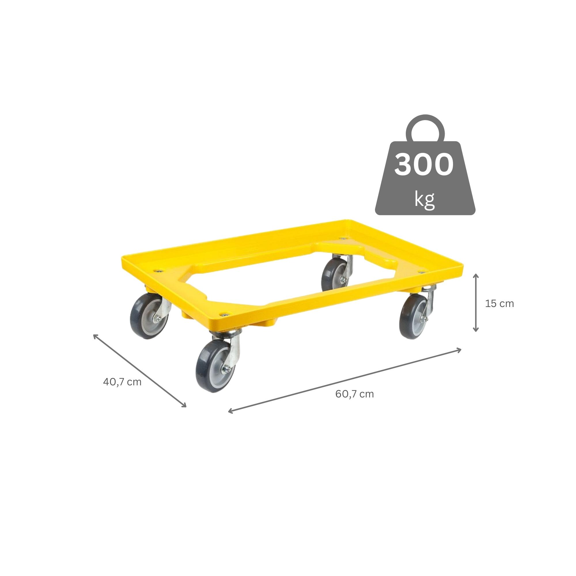 SparSet 2x Transportroller für Euroboxen 60x40cm mit Gummiräder gelb | Offenes Deck | 2 Lenkrollen & 2 Bremsrollen | Traglast 300kg | Kistenroller Logistikroller Rollwagen Profi-Fahrgestell