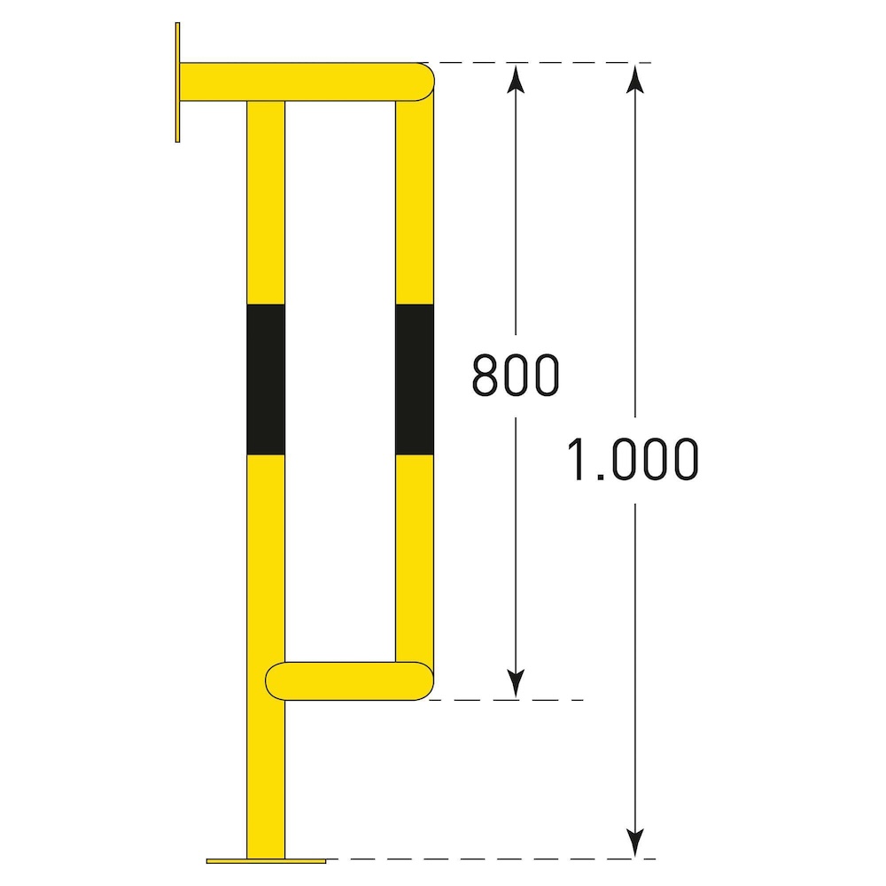 Großer Rohrschutz-Bügel 180° zur Boden-/Wandmontage | Innenmaß HxBxT 100x25x27,5cm | Feuerverzinkter & kunststoffbeschichteter Stahl | Schwarz-Gelb