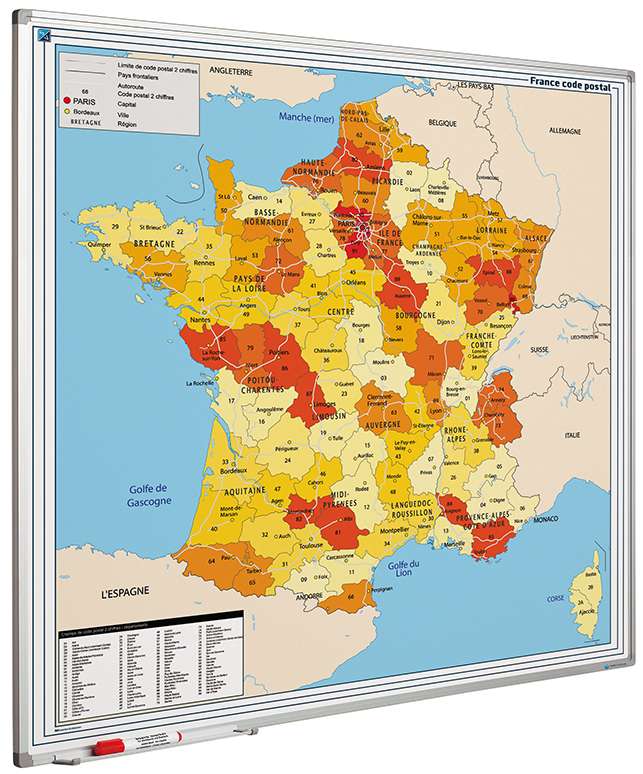 Magnetisches Whiteboard Landkarte PLZ Frankreich | HxBxT 100x100cm | inkl. Befestigungsmaterial & Stiftablage | Sublimationsstahl